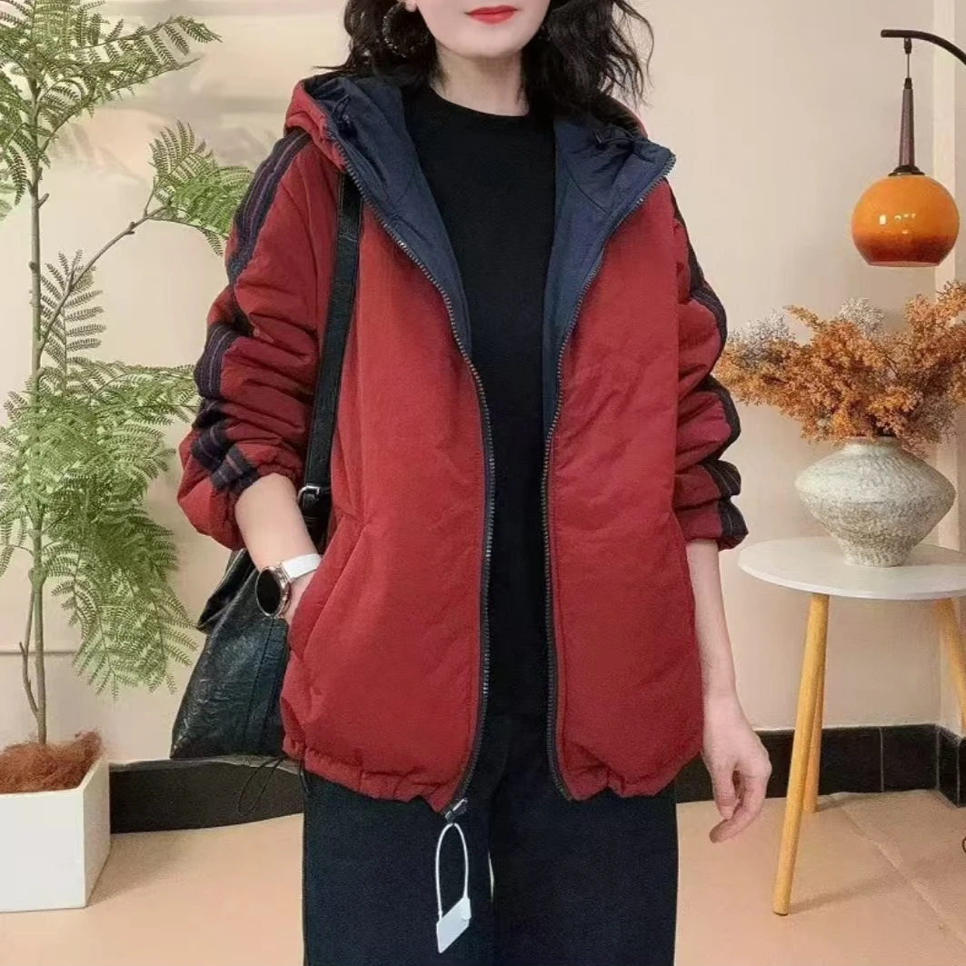[两面穿棉衣]冬季新款时尚休闲纯色保暖百搭棉衣连帽女士棉服上衣