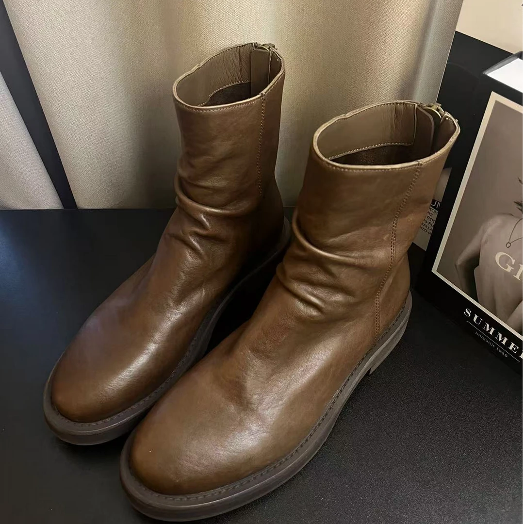 【AiAi】 美拉德色系 牛皮褶皱手工中筒靴（9122-1-24）