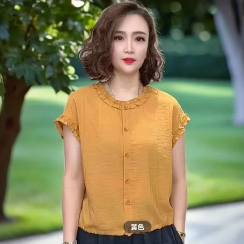 短袖木耳边常规木耳领圆领T恤针织百搭大码减龄宽松