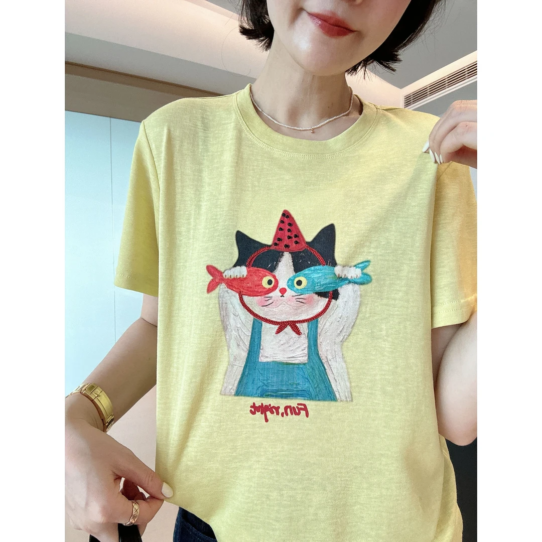 夏季新款猫咪印花短袖T恤女2025爆款时尚百搭休闲设计感上衣6003