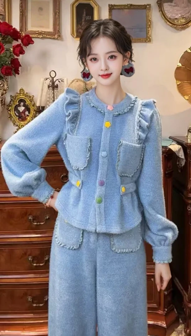 1-[运补6]671#小香风气质轻奢蓝色荷叶边长袖加厚上衣+阔腿裤套装