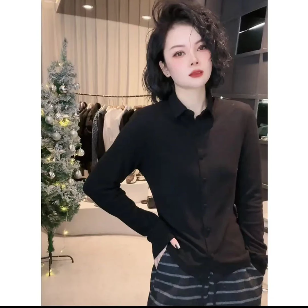 《优麦汇》Y3935秋冬款衬衫领设计感时尚百搭长袖显瘦上衣款女