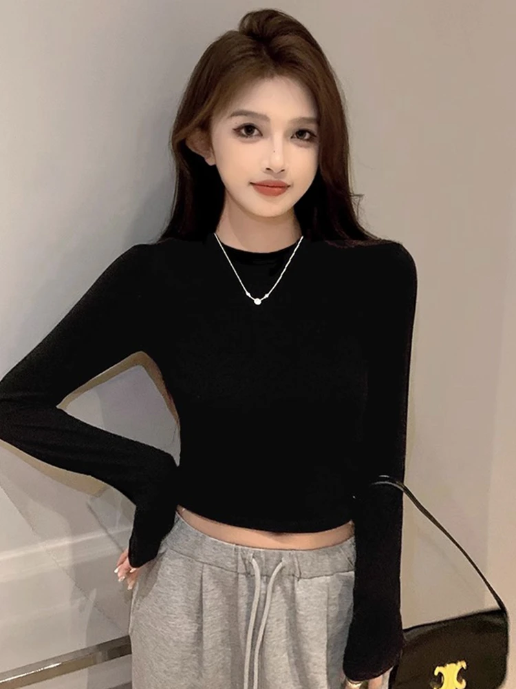 黑色方领露脐短款上衣辣妹高腰加厚长袖圆领秋冬打底衫内搭外穿女