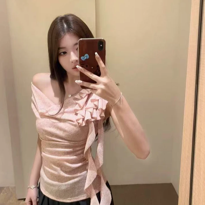 {钟钟专属}荡领飘带花朵斜肩一字肩短袖T恤女夏收腰褶皱背心上衣