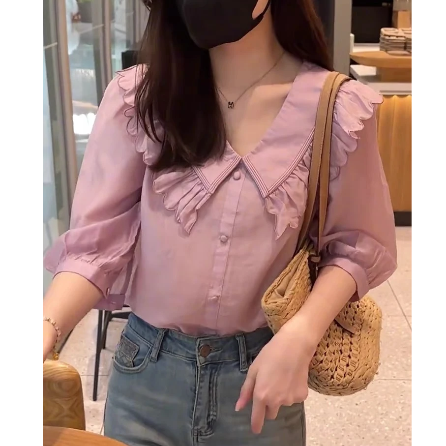 D527轻熟风宽松衬衣灯笼袖翻领衬衫女春季新款单叠穿职业通勤上衣