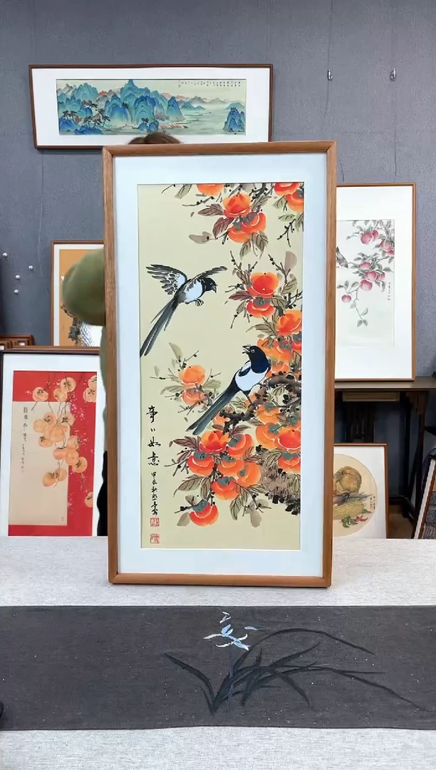 【闪购商品】国画贺照亭-纯手绘带框作品-35*68-柿子