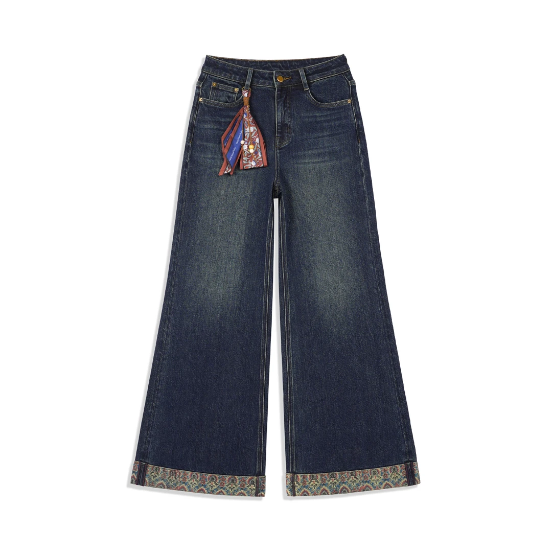 GZNONO秋季新款2025“繁花”高腰时尚丝巾挂饰弹力筒喇牛仔裤983116