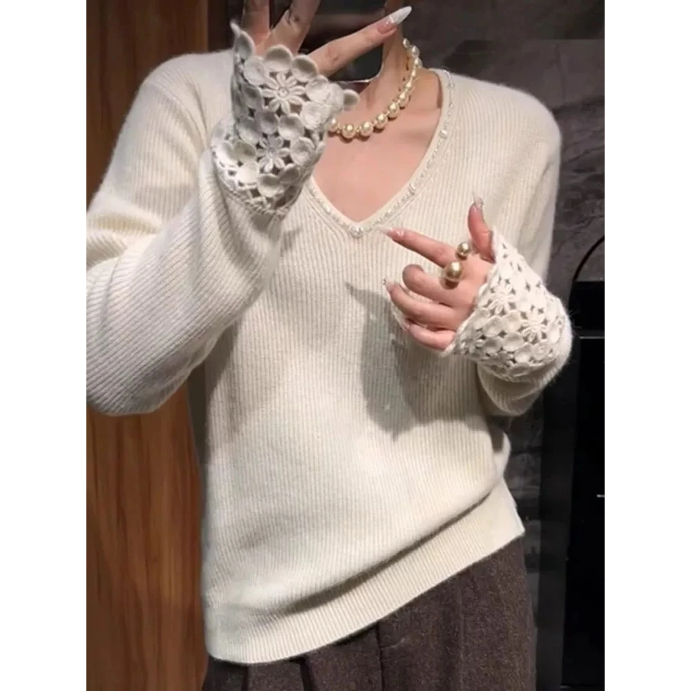 【蜜爷家】钩花v领珍珠打底毛衣5133#