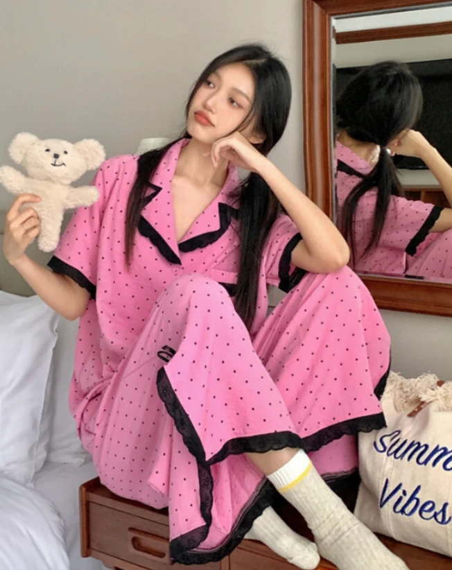 【粉色波点】甜美蕾丝开叉棉纱短袖睡衣女夏季新款套装可外穿家居服