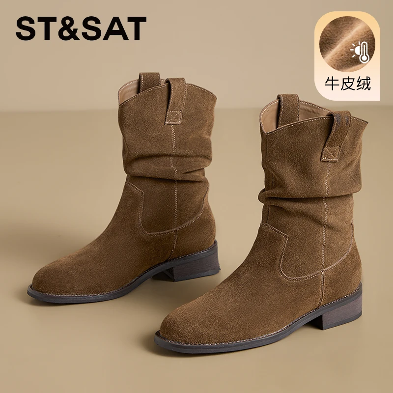 星期六真皮复古琥珀流光尖头短靴女新款秋季单靴千层褶皱堆堆靴