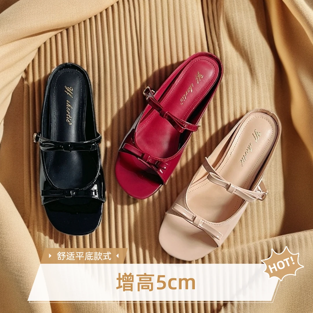 2025夏季新款甜美不累脚拖鞋增高5公分蝴蝶结坡跟露趾凉鞋女外穿