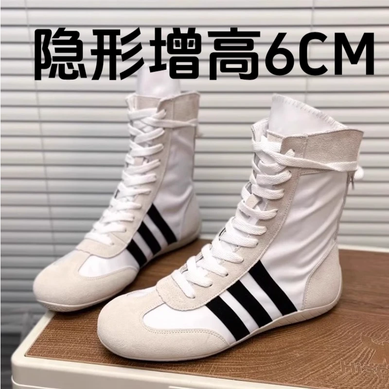 真皮高帮德训鞋内增高女夏季新款透气运动休闲靴女百搭绑带阿甘鞋