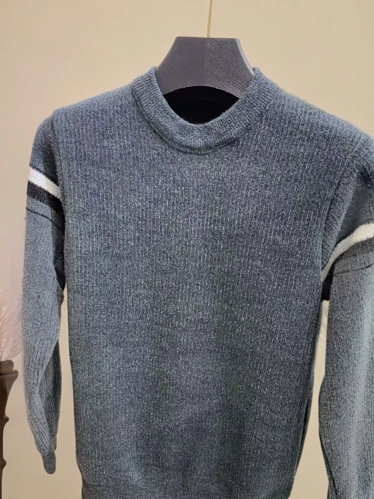 毛衣加绒加厚时尚圆领秋冬休闲长袖条纹男款打底