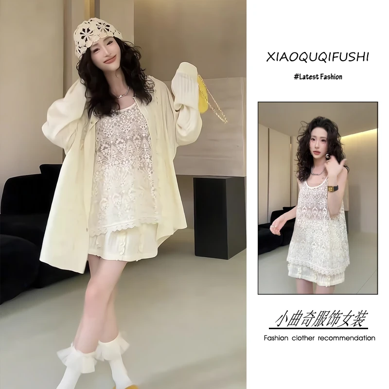 2025年夏季韩系慵懒风时尚潮流百搭精品女装衬衫蕾丝背心短裤套装