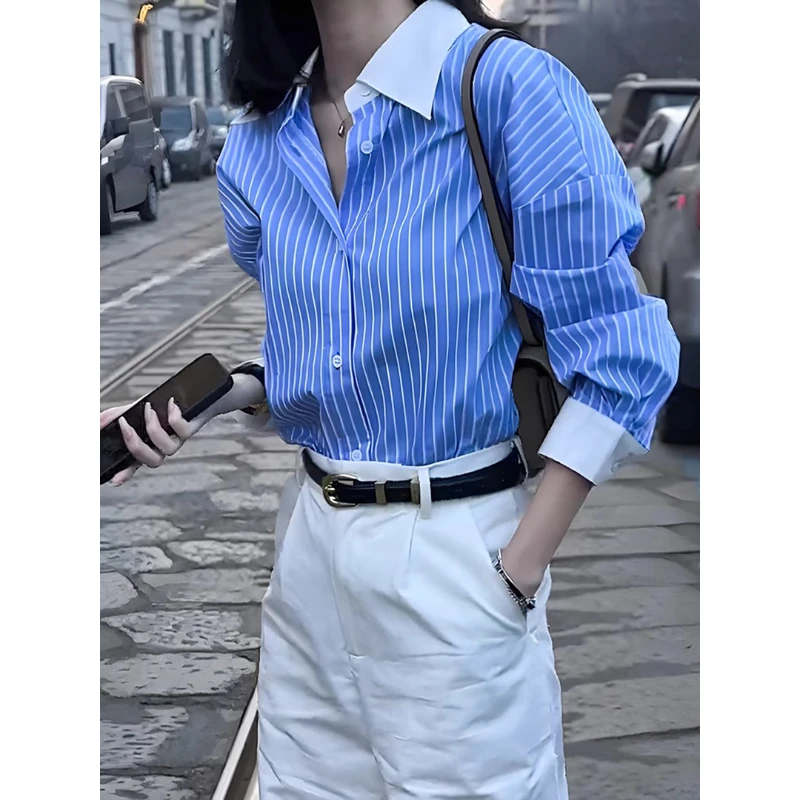 法式干练气质蓝色polo领长袖衬衫女2025新款时髦通勤条纹衬衣秋季