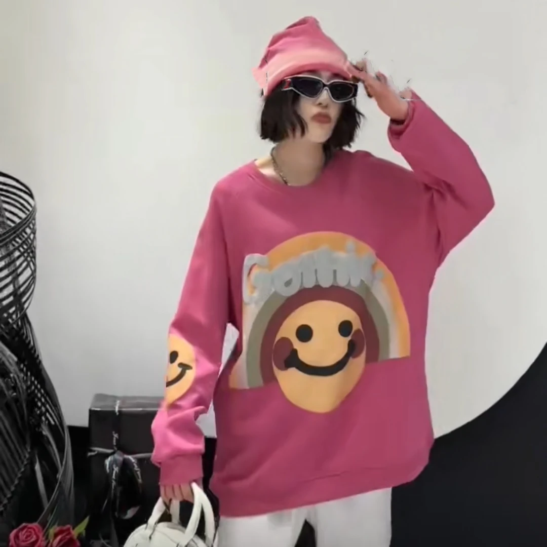 奇奇家潮派宽松大码早春新款宽松韩版休闲彩印百搭时尚卫衣