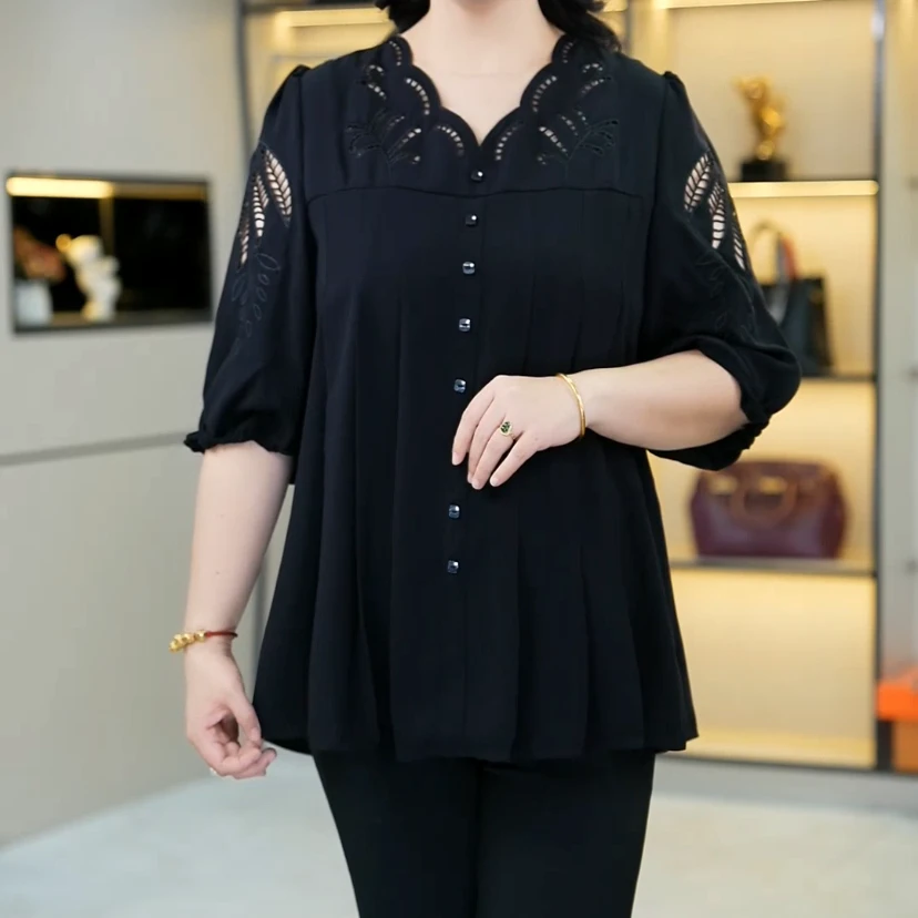 胖珍珍夏季新款重工提花大码显瘦遮肉显白镂空时尚百搭上衣ZB6911