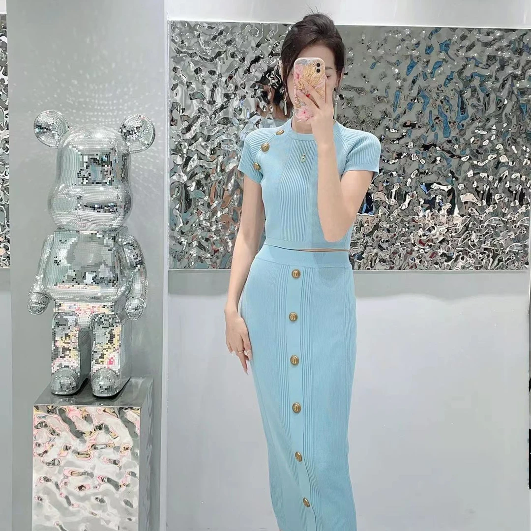 s100/101新中式时尚短袖显瘦气质高腰修身针织蓝色设计师款套装