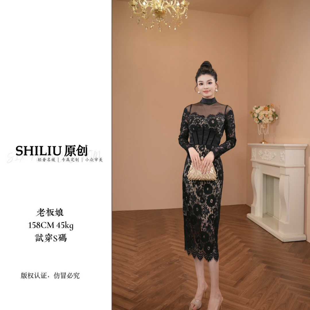 【十六定制】20767重工蕾丝修身气质开叉显瘦时尚高级长袖连衣裙