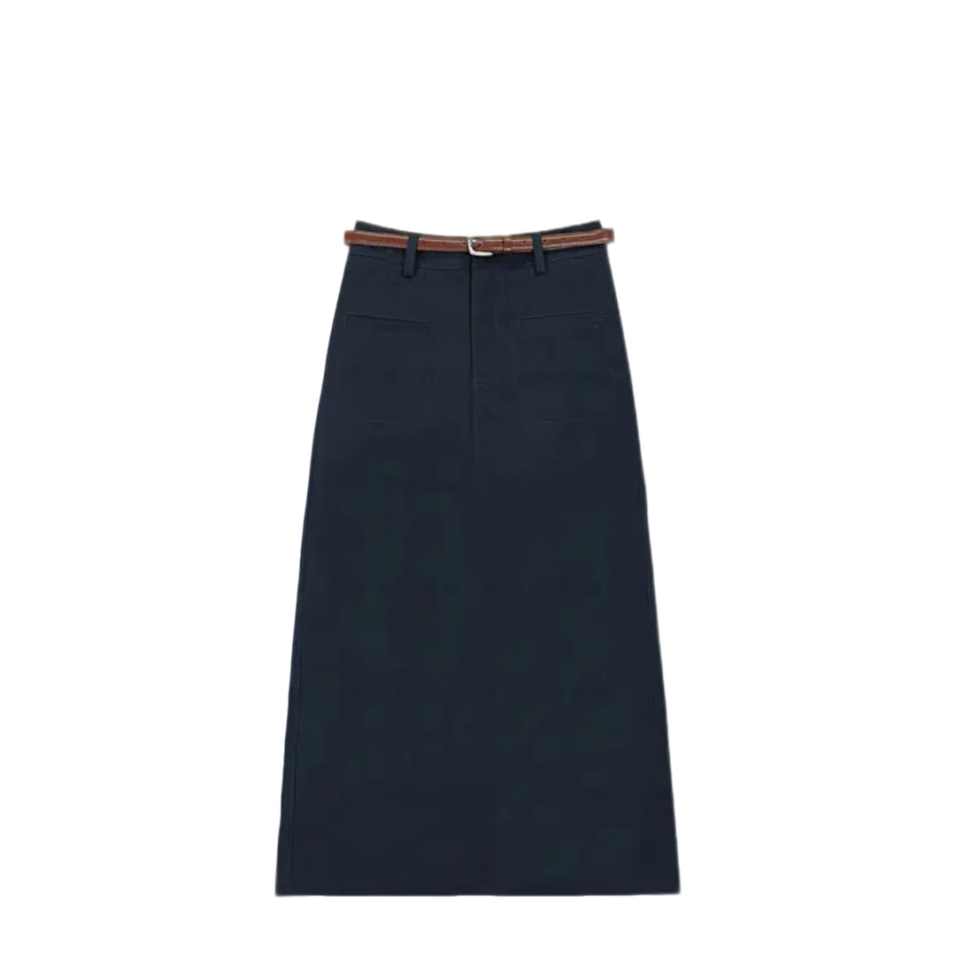 中长款棉女2025春夏新款后开叉高腰小衫半身裙直筒裙通勤裙子