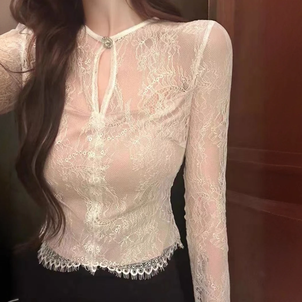 夏季薄款长袖镂空蕾丝上衣性感修身御姐风气质时尚显瘦蕾丝打底