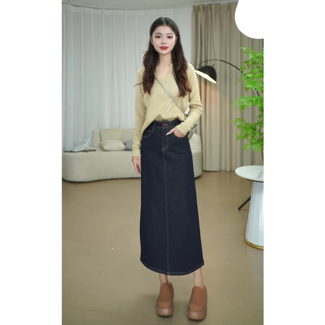 【秋上新-丹宁蓝】~琥珀流光A字中长裙静奢风百搭中高腰牛仔裙开叉