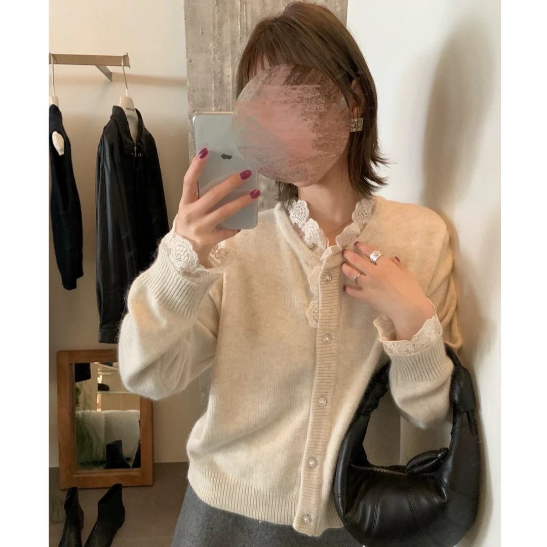 蕾丝拼接花边毛衣开衫韩系2025新款秋冬百搭长袖针织开衫#9302