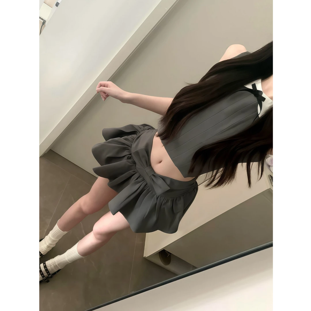 【韩女天菜】2025夏季新款蝴蝶结娃娃领无袖上衣女配褶皱短裙套装