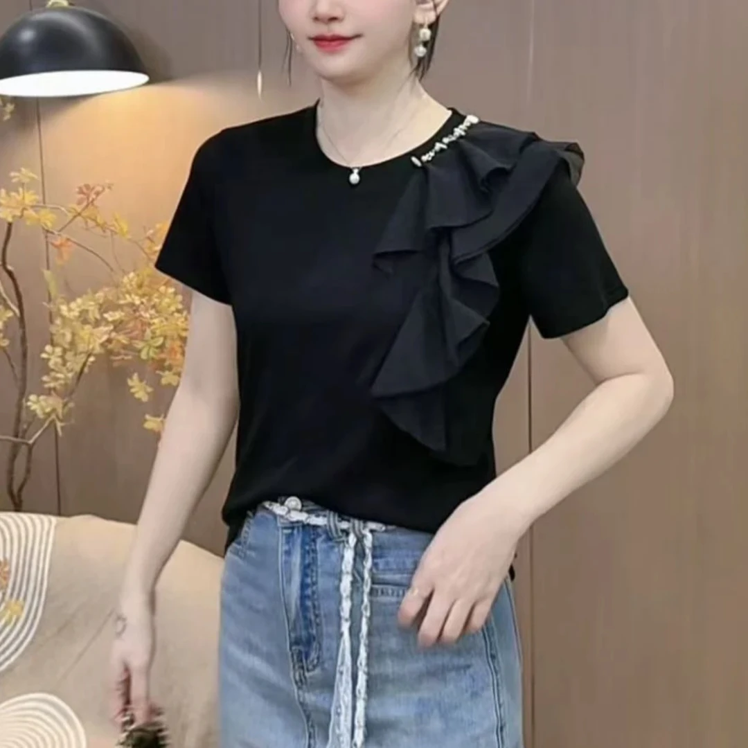 【4071】新品气质网纱钉珠设计洋气休闲短袖T恤