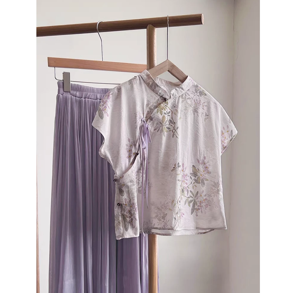 新中式国风上衣女夏季新款小飞袖紫色复古小衫盘扣衬衫【9523】