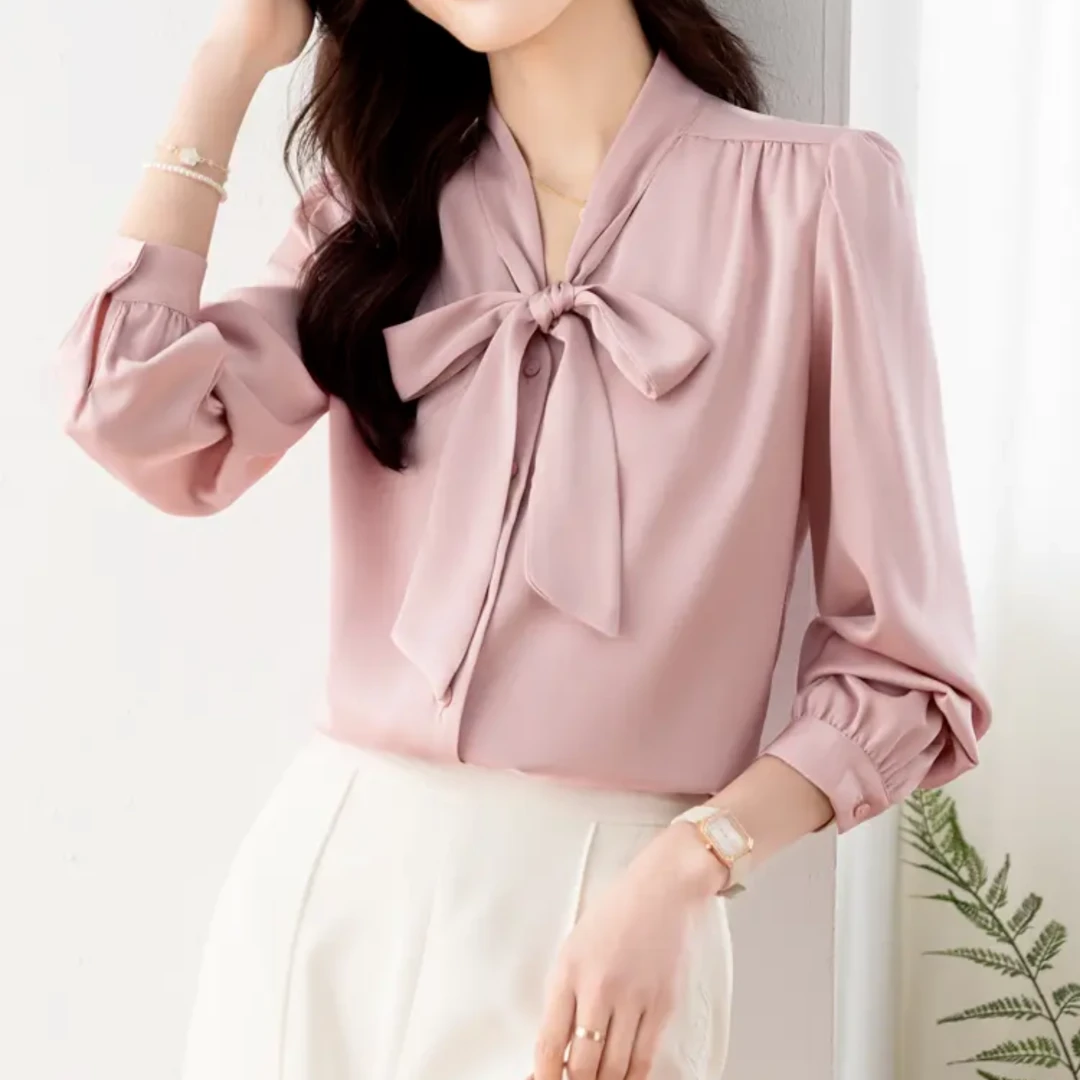 1267春秋通勤穿搭长袖衬衫女设计感小众面试衬衣蝴蝶结飘带上衣