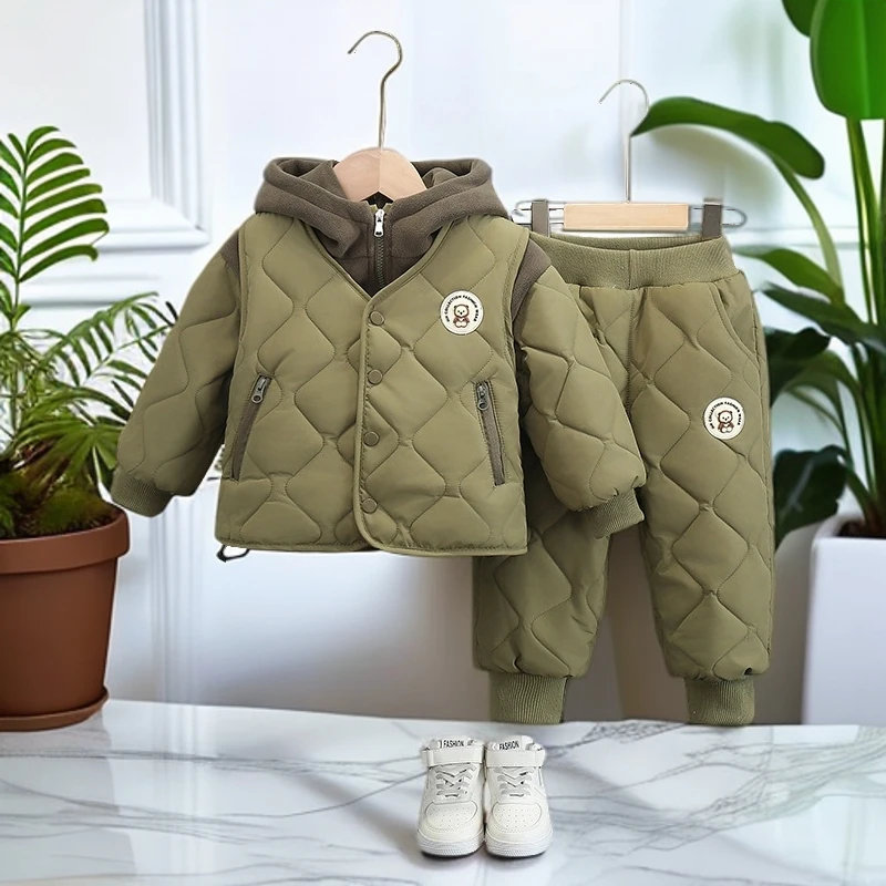 男童套装冬装2025新款儿童加绒加厚马甲三件套宝宝冬季帅气童装潮