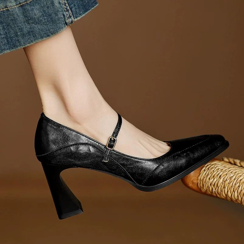 羊皮版~真皮4/7cm跟高法式复古高跟鞋气质高跟玛丽珍鞋粗跟单鞋女