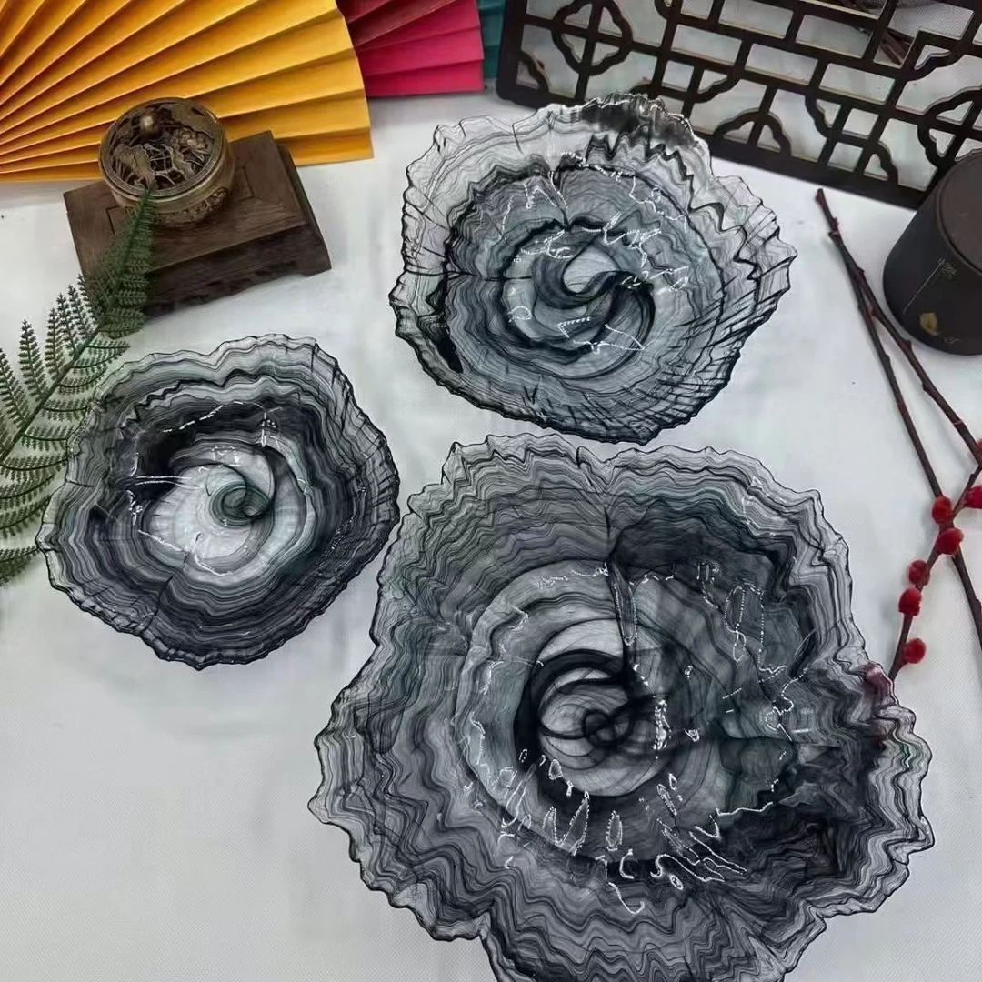 高级客厅水墨花朵水晶玻璃果盘FF