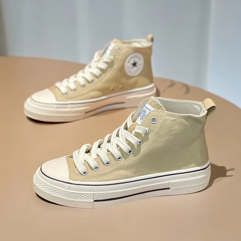 心芘2025新款高帮帆布鞋女布鞋夏季薄款平底系带百搭休闲运动板鞋