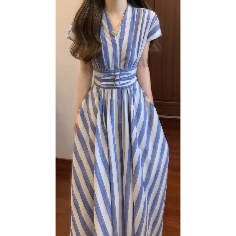夏季法式复古宽腰封遮肉条纹连衣裙收腰显瘦气质大摆长裙9645