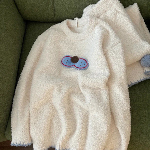 可爱卡通酷猫半边绒睡衣女秋冬新款加绒加厚大码家居服套装可外穿