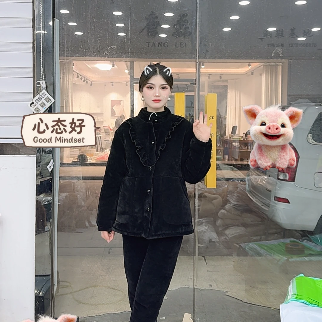 《可外穿》木耳花边三层夹棉加厚家居服套装女