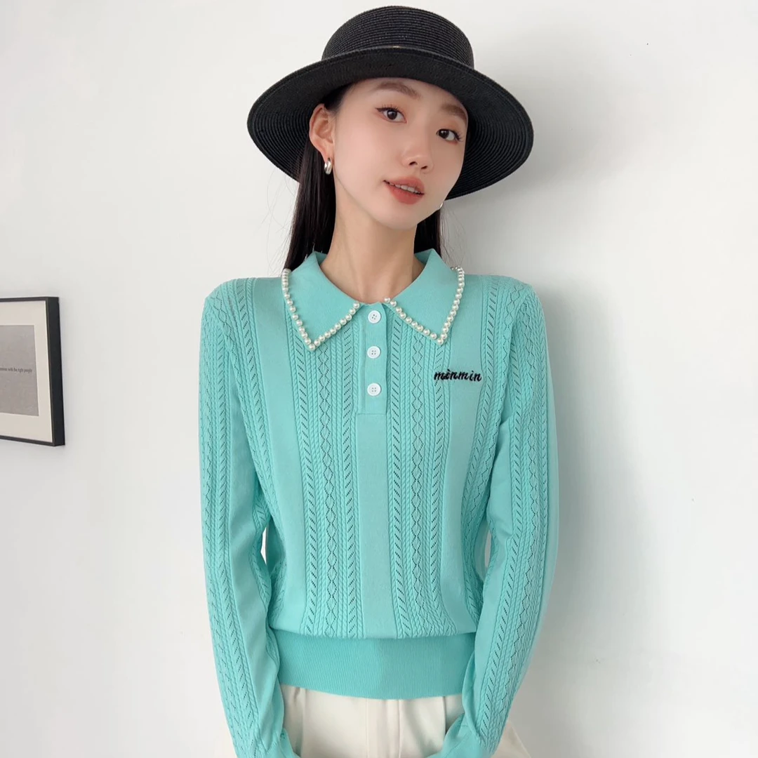 长袖翻领保暖常规毛针织衫开衫宽松女装镂空上衣251013