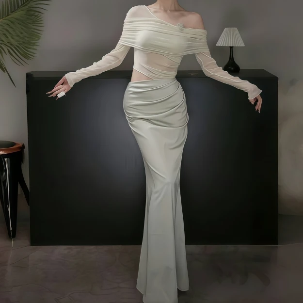 【运补6-8r】设计感一字肩露腰网纱拼接连衣裙轻奢斜肩聚会气质长裙