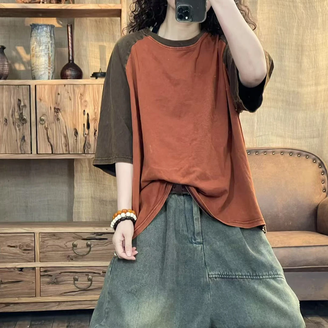 [四月阳光]夏季棉料炒色做旧拼色圆领休闲女士T恤(长65胸围130)