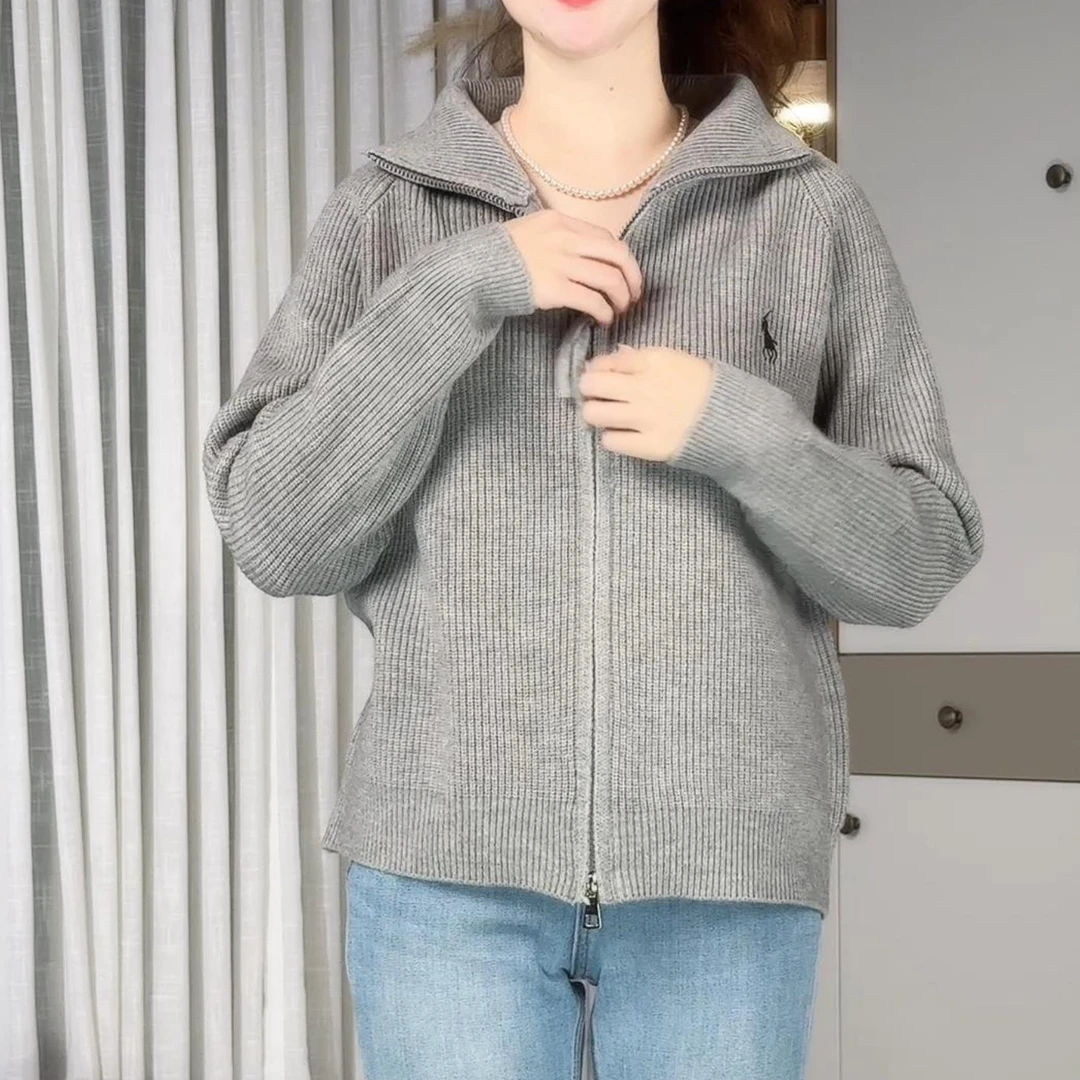 秋季新款质感双向拉链舒适亲肤纯色毛衣针织衫女
