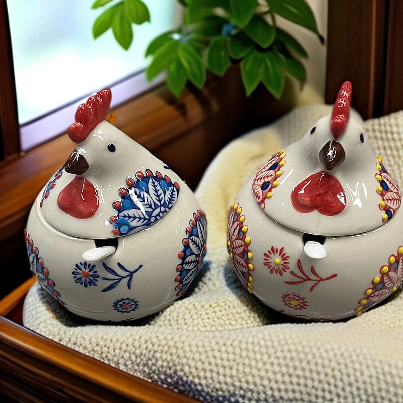 外贸陶瓷母鸡造型调味罐加勺两个装