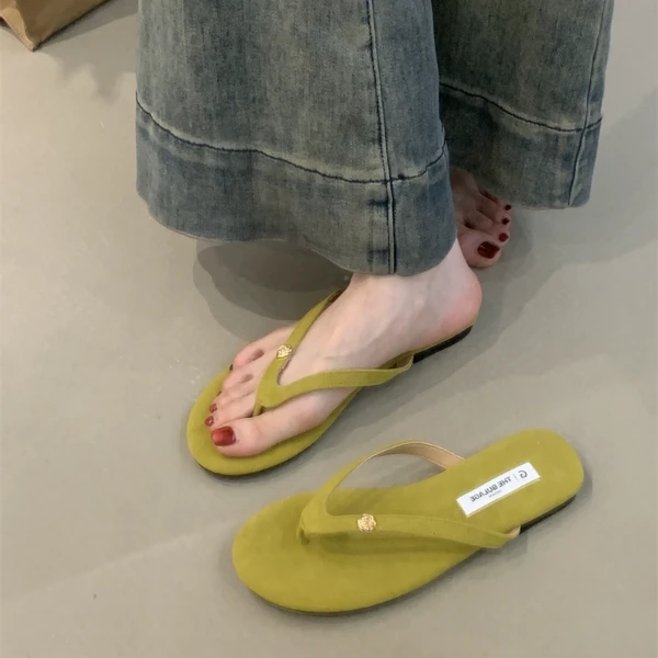 BLG-029-9韩版绒面金属花朵平底人字拖百搭沙滩游度假夹趾凉拖鞋