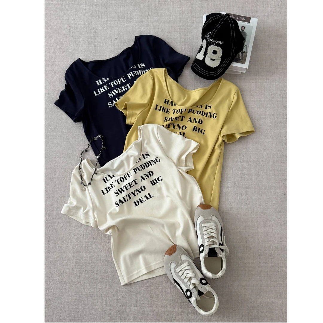 晶咕【摩登教主】美式辣妹大U领字母短袖T恤上衣