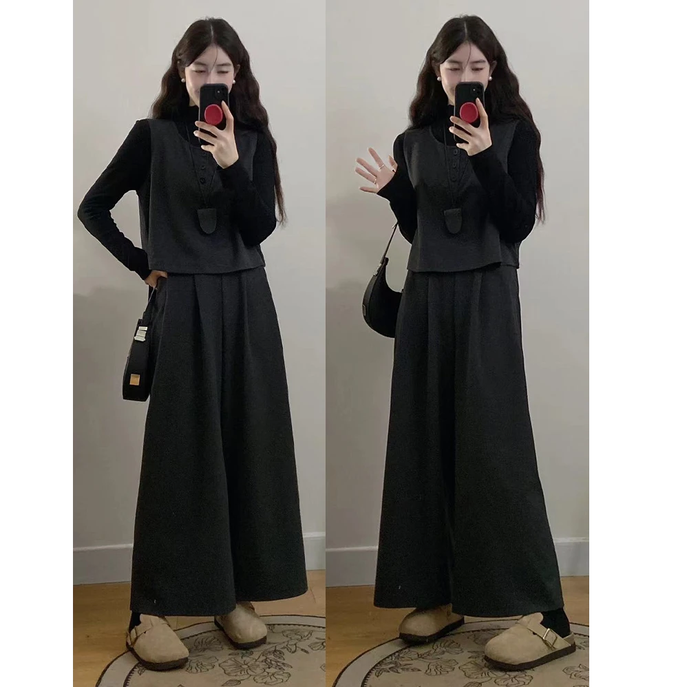 大码女装胖mm秋冬时尚气质简约毛呢马甲九分阔腿裤三件套