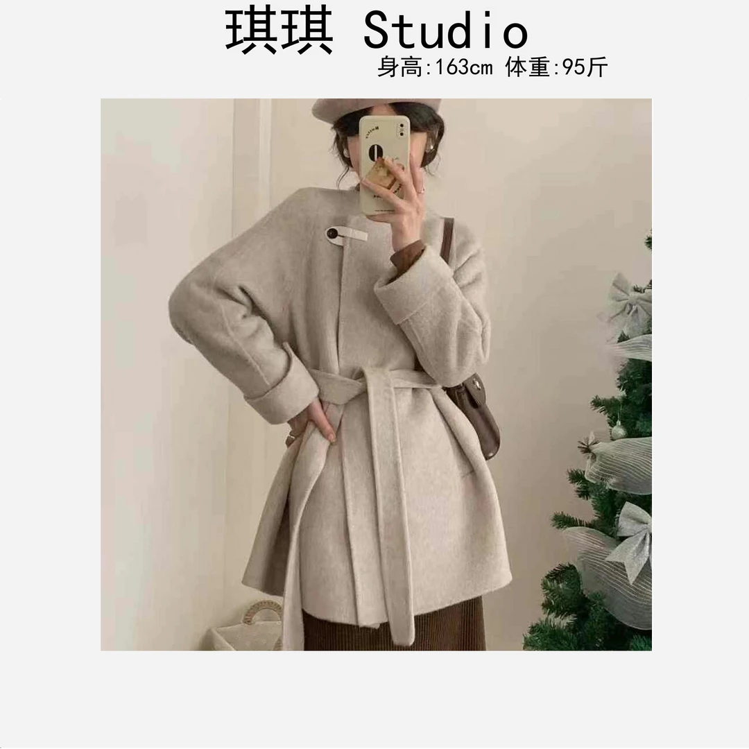冬季新款轻奢高级纽扣带腰带气质时尚宽松显瘦减龄百搭羊绒大衣-N
