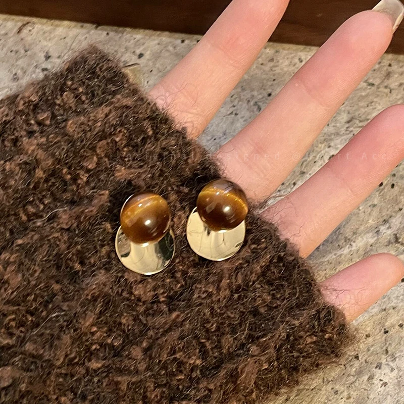 铜合金耳饰  美拉德虎眼石金属圆片耳环女复古气质耳钉秋天耳饰潮