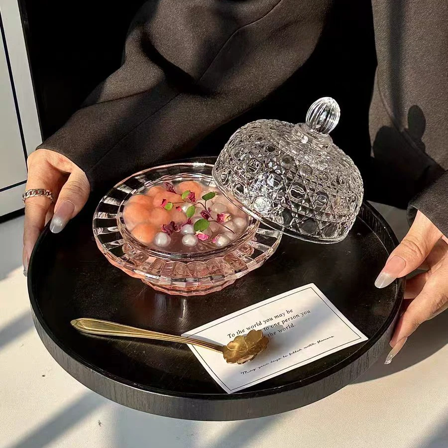 【单只装】宝石纹燕窝碗玻璃带盖透明精致家用水果点心甜品碗无铅