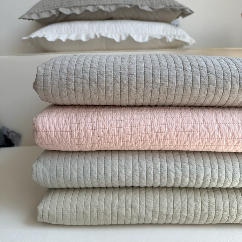 韩式双面纯棉直条绗缝砂洗工艺床盖 全棉夹棉小尺寸